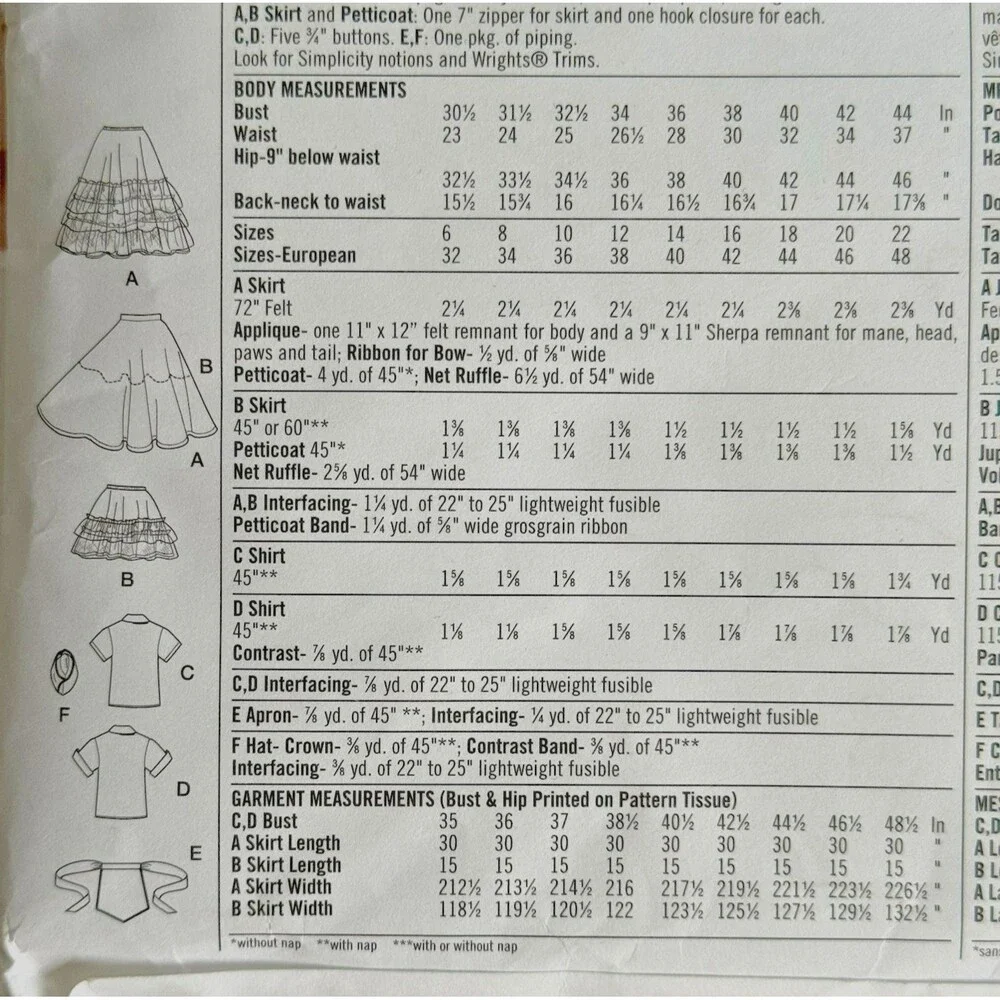 Simplicity 3847 50s Poodle Skirt Shirts Car Hop Costume Sewing Pattern Sz 6-12